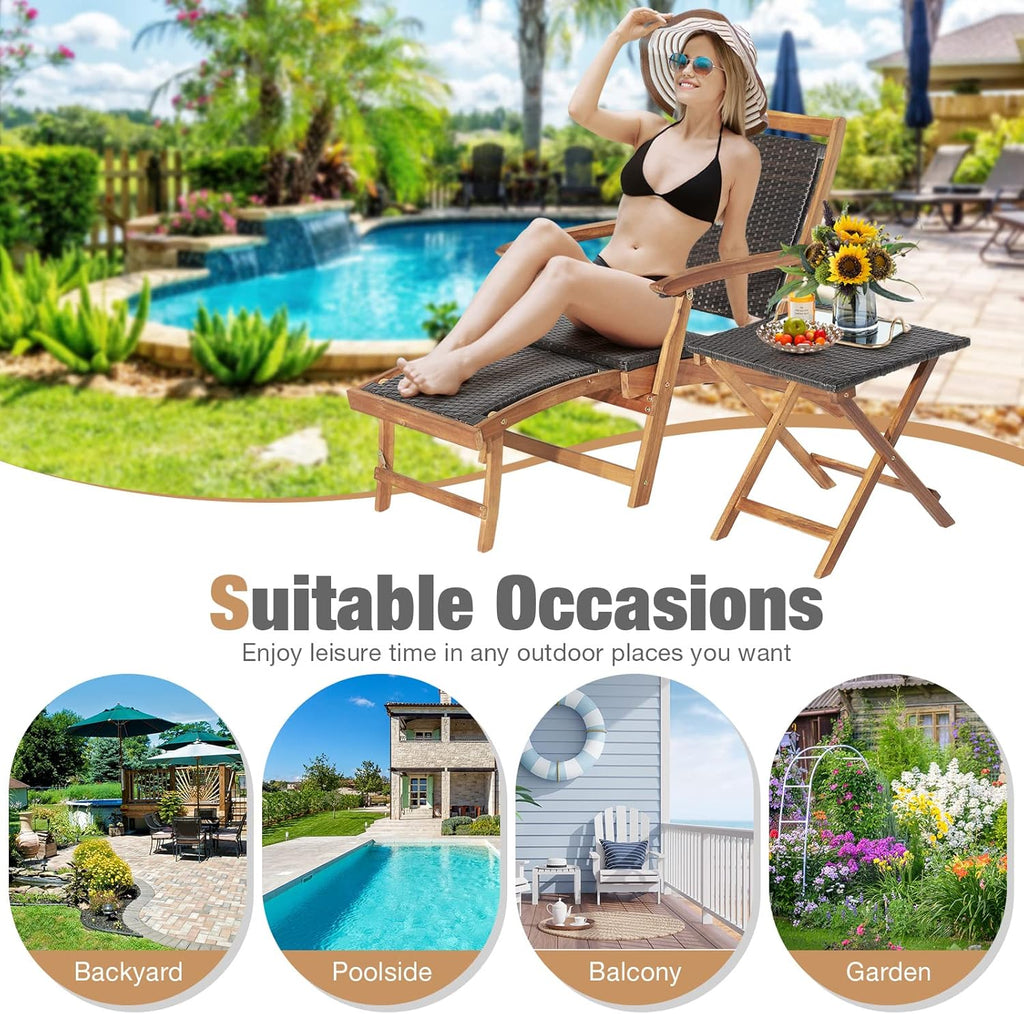 RELAX4LIFE Patio Chaise Lounge Chair Set of 3, Acacia Wood Folding Rattan Wicker Chairs w/Retractable Footrest, Side Table, 3-Piece Outdoor Patio Furniture, Fire Pit Deck Chairs Set for Porch Poolside