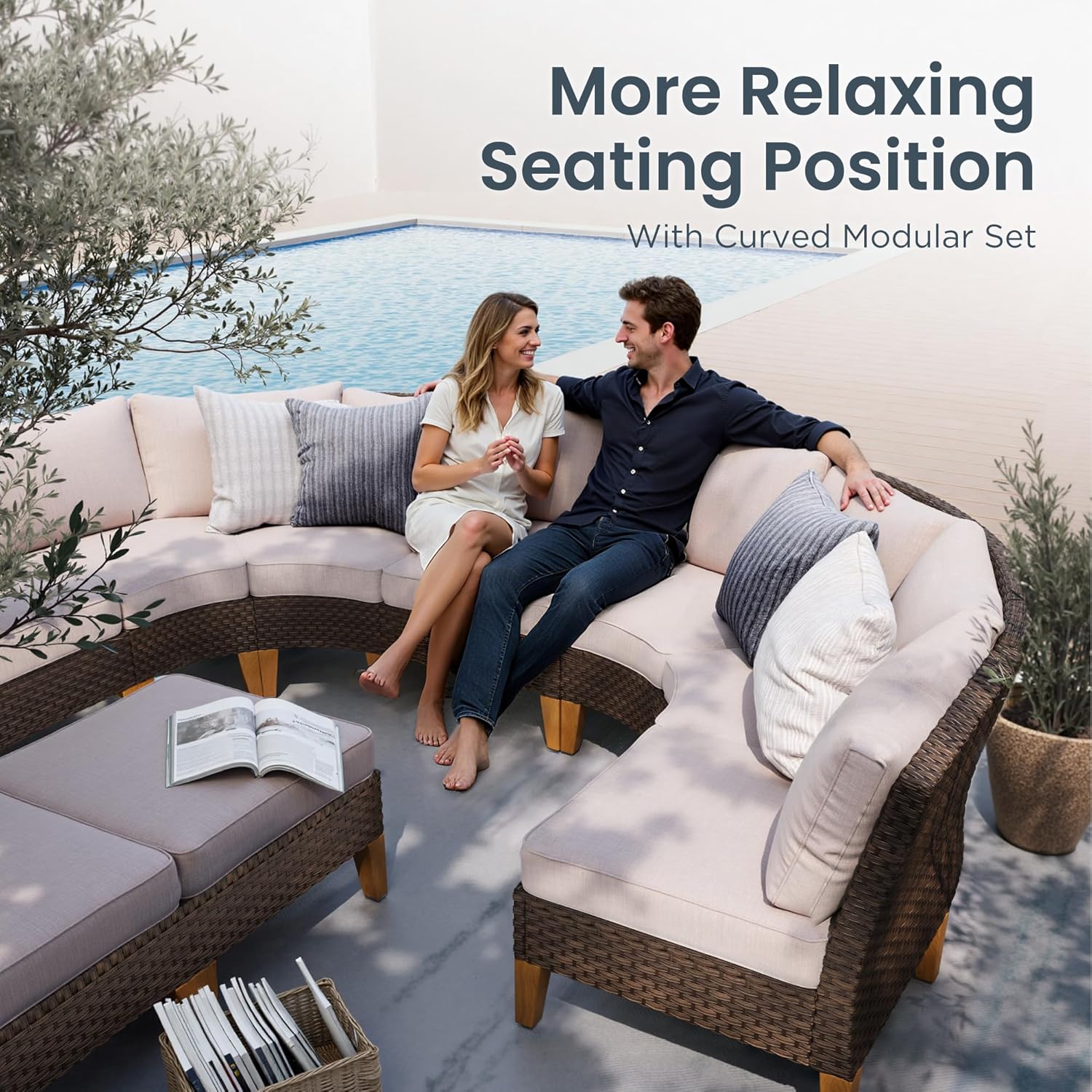 PHI VILLA 3-Piece Wicker Patio Furniture Set, Outdoor Curved Sectional Sofa Conversation Set with Cushions, Half-Moon Modular Couch for Garden, Deck, Backyard, Beige