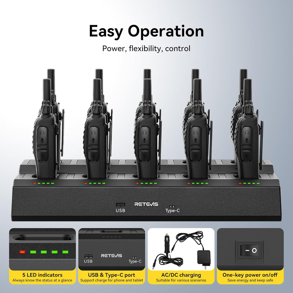 Retevis H-777 Walkie Talkies for Adults, Long Range 2 Way Radio with Earpieces, 10 Way Multi Gang Charger, Type C Rechargeable Handheld Two-Way Radios for Security School, Church(10 Pack, Black)