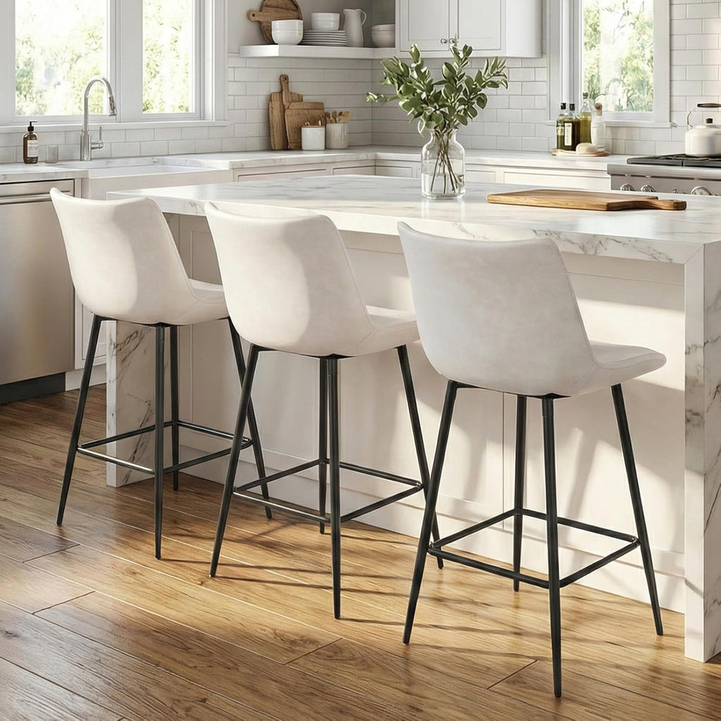 Counter Height Bar Stools Set of 3, FSC Certified Upholstered Faux Leather Barstools with Back, Metal Base, 27" Seat Height, Modern Upholstered Counter Stools for Kitchen Island,(Beige