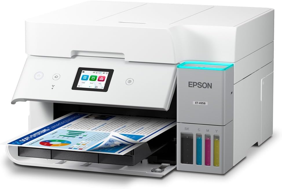 Epson EcoTank ET-4958 Wireless All-in-One Color Supertank Printer, Refillable Tanks, 2.4" Color Touchscreen, Auto Document Feeder, Auto Duplex Print/Copy, Scan, 250-Sheet Paper Tray – White
