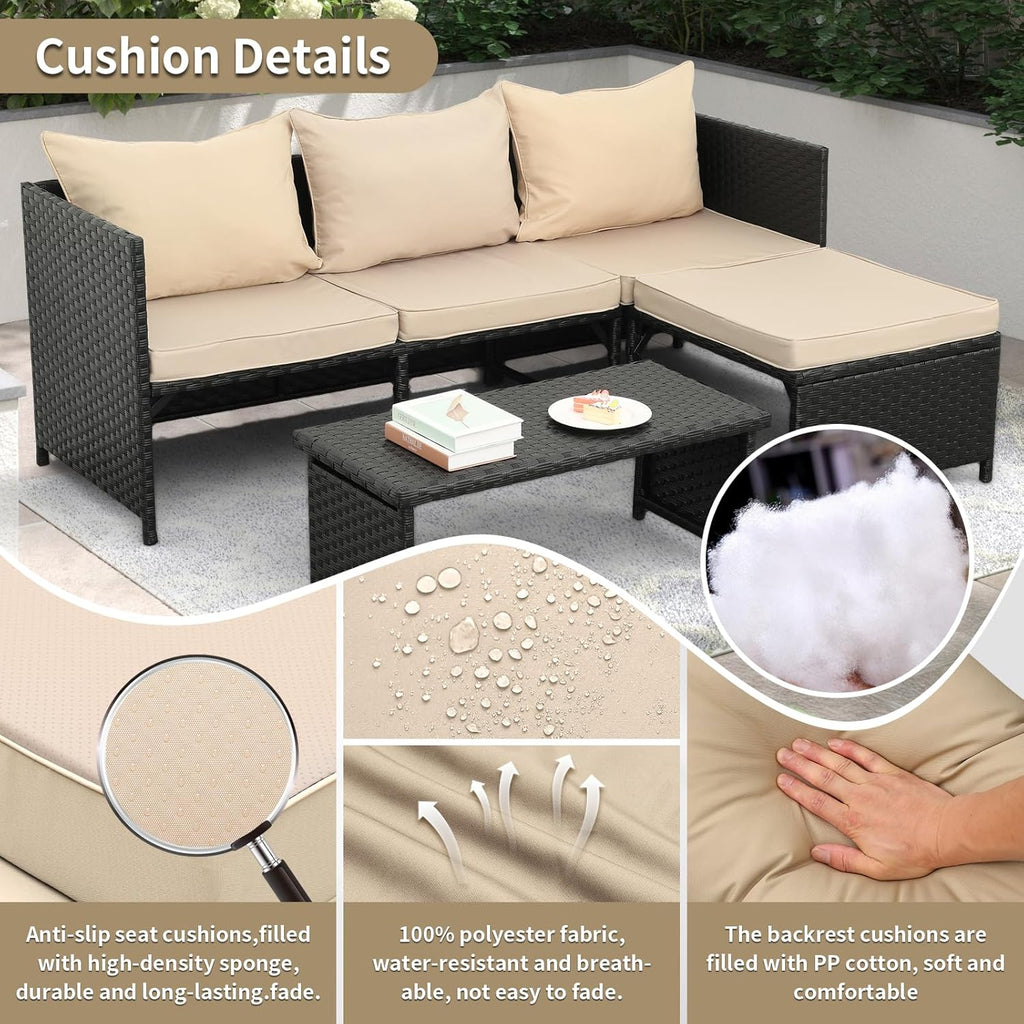 Valita 3-Piece Outdoor PE Rattan Furniture Set Patio Black Wicker Conversation Loveseat Sofa Sectional Couch Khaki Cushion