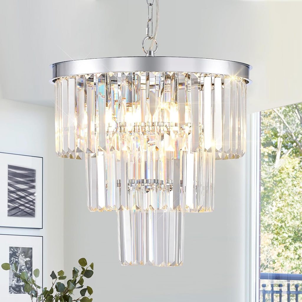 CATINER Modern Chrome Crystal Chandeliers 16" Small Pendant Light Luxury 3 Tiers 6-Light K9 Crystal Ceiling Pendant Round Light Fixture for Dining Room Entryway Kitchen Bedroom Closet