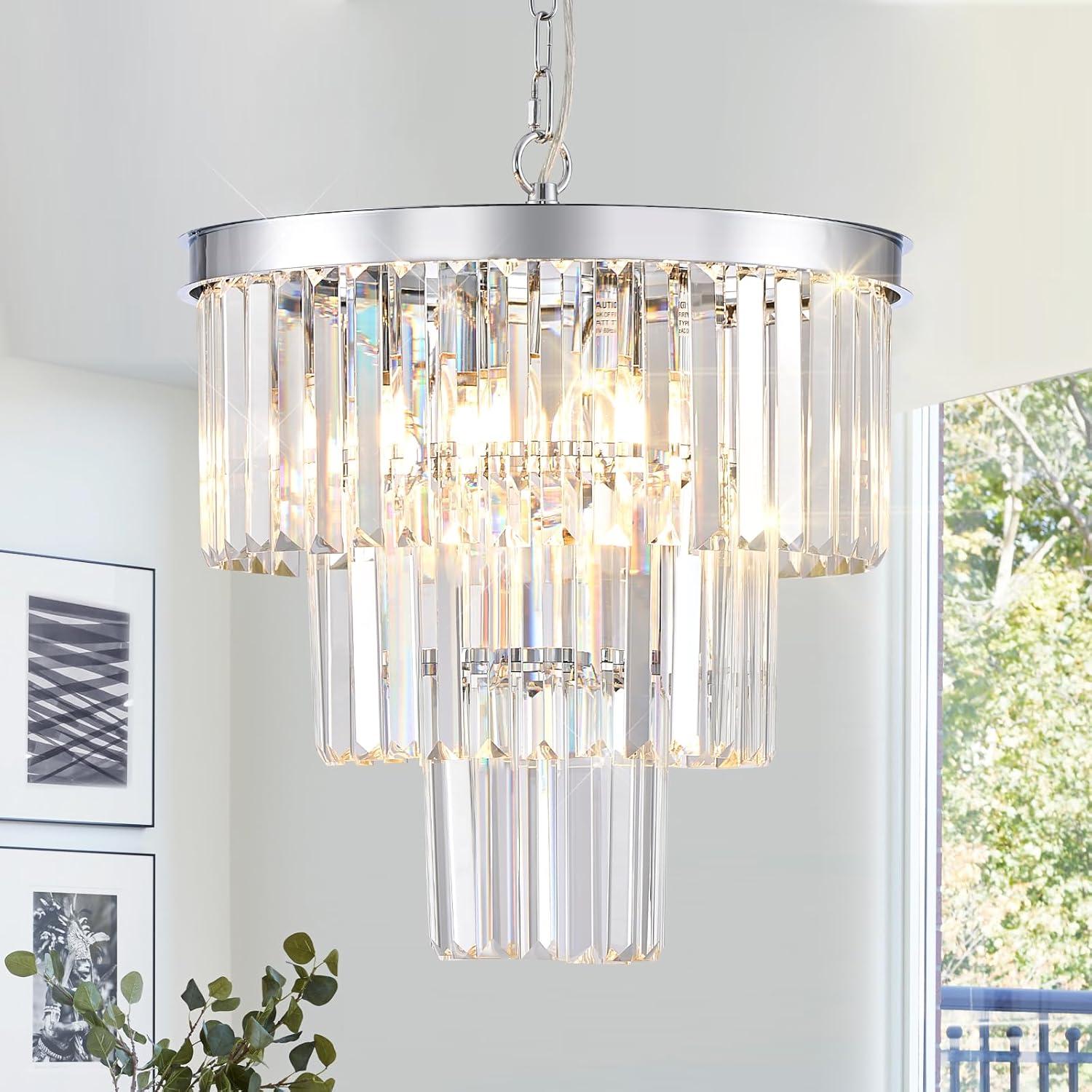CATINER Modern Chrome Crystal Chandeliers 16" Small Pendant Light Luxury 3 Tiers 6-Light K9 Crystal Ceiling Pendant Round Light Fixture for Dining Room Entryway Kitchen Bedroom Closet