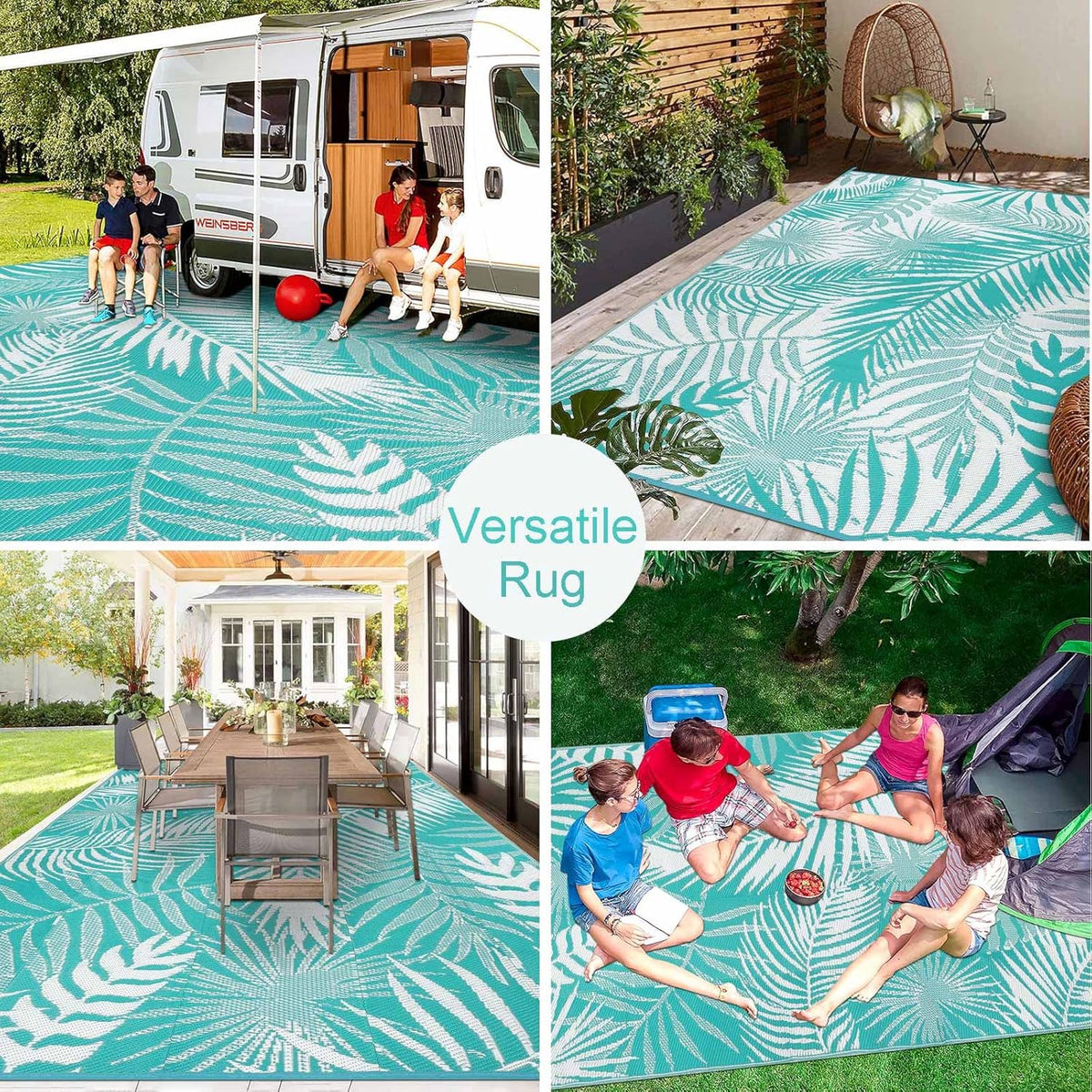 Outdoor Rug Waterproof for Patios Clearance, 10'x14' Quick Drying Outdoor Plastic Straw Rug Camping Carpet, Outside Floor Mats Large Area Rugs for RV,Patio,Deck,Porch, Beach, Balcony,Teal&White