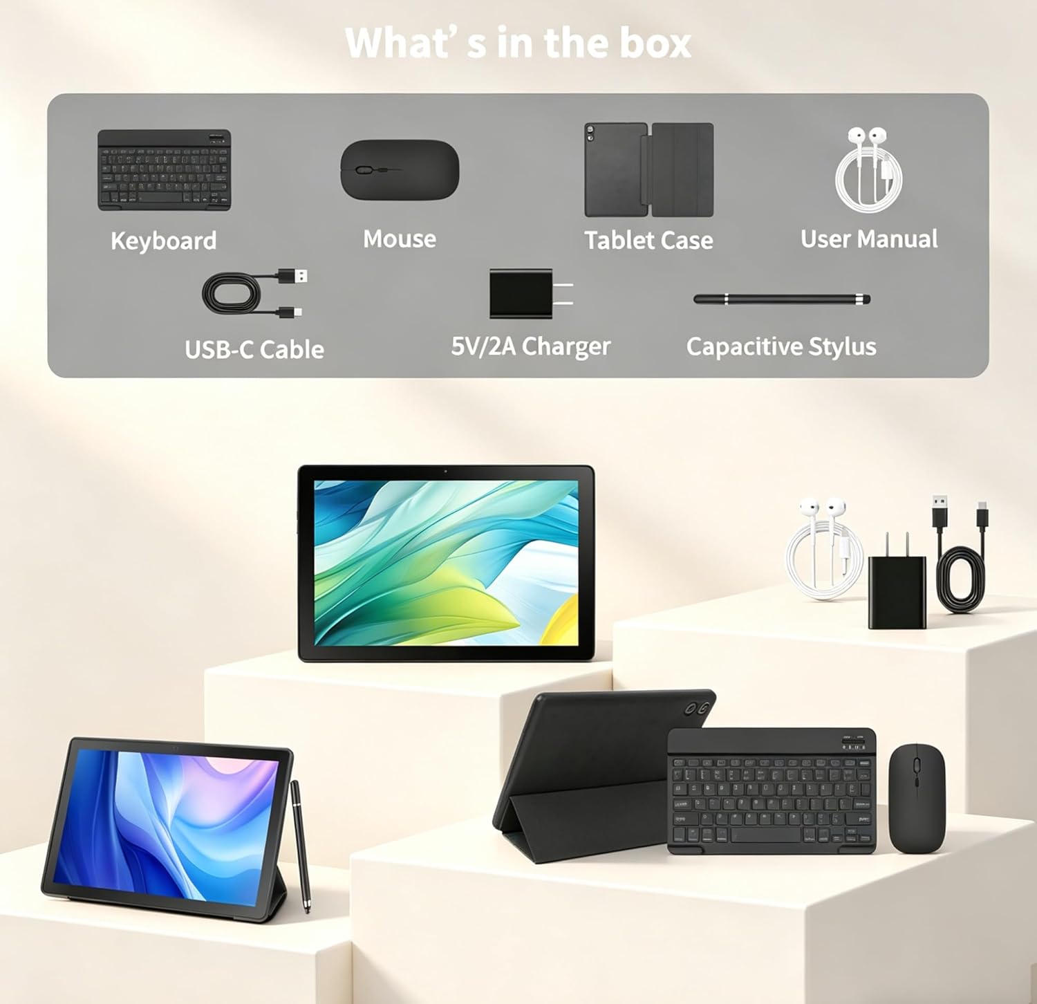 Latest 2026 Upgraded Android 16 Tablet 10.1 Inch with IPS HD Touch Screen, Dual Camera, 64GB Storage 1TB Expansion, 8 in 1 Tablets Kit with Keyboard, Protective Case, Mouse, Stylus, BT 5.4, WiFi 6