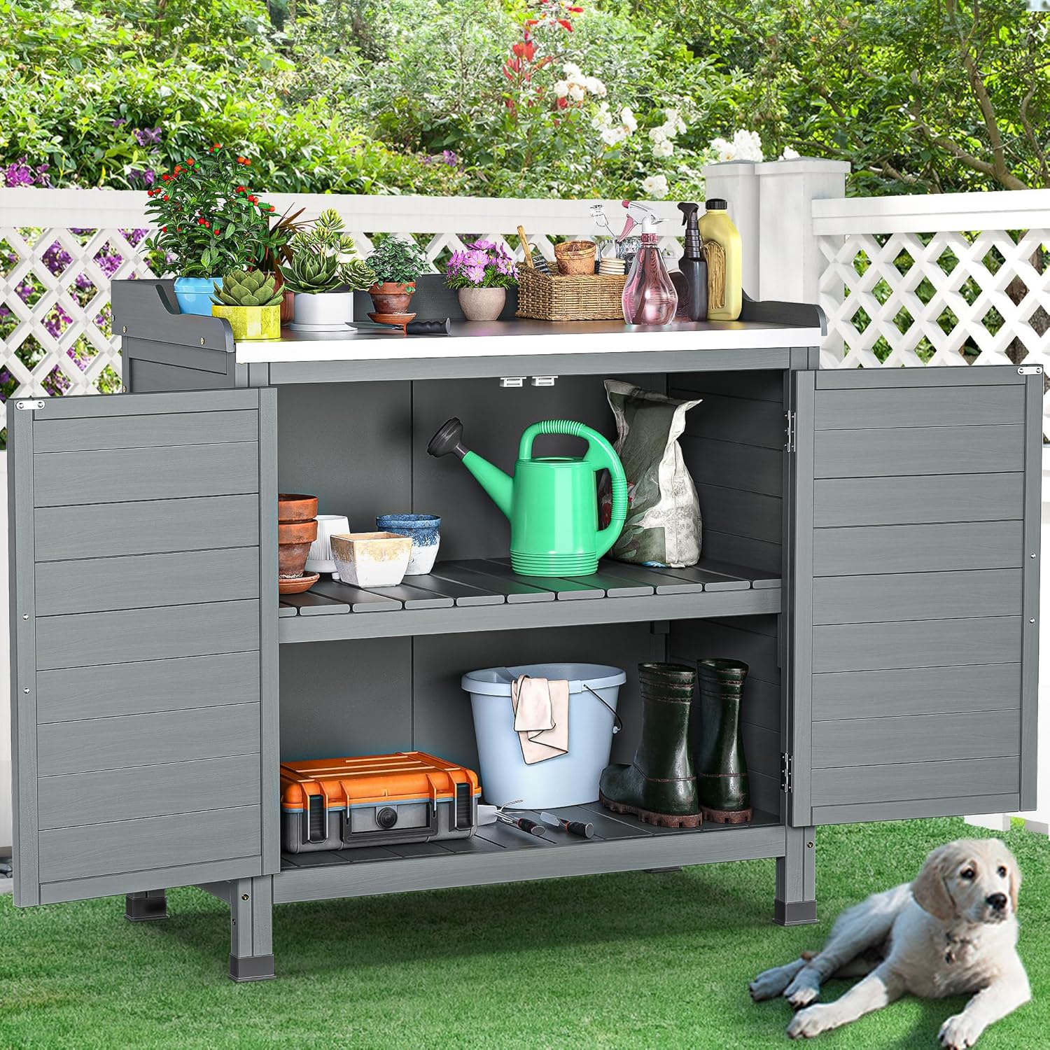 YITAHOME Outdoor Garden Potting Bench with Storage Cabinet, Metal Tabletop & Removable Shelf, Wooden Planting Workstation for Patio, Garden, Yard (Grey)