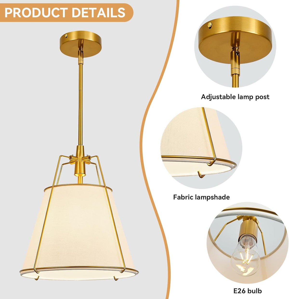 Modern Pendant Light Fixtures with 13" Off-White Linen Fabric Shade, Adjustable Hanging Light Fixture,Drum Gold Vintage Chandelier for Kitchen Island Bedroom Dining Room Foyer Entryway