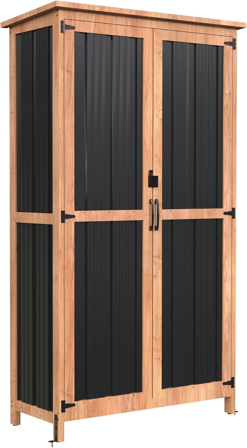 Greesum Outdoor Storage Cabinet with 3 Adjustable Shelves, Wood & Metal Garden Storage with Lockable Doors, Tall Weatherproof Shed for Tools, Lawn Equipment, Pool Accessories, Black