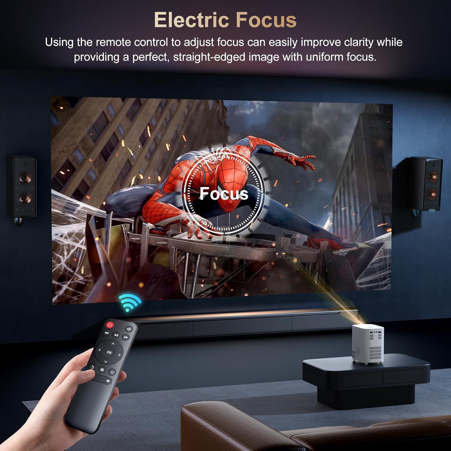 Electric Focus Projector with WiFi and Bluetooth, Native 1080P 15,000 Lumens 4K Supported, Agreago Outdoor Movie Projector for Home Theater UP to 300", for iOS/Android/TV Stick/HDMI/USB (White)