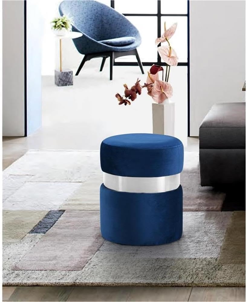 Meridian Furniture Hailey Collection Modern | Contemporary Velvet Upholstered Ottoman/Stool with Stainless Steel Band, 14.5" W x 14.5" D x 17.5" H, Navy