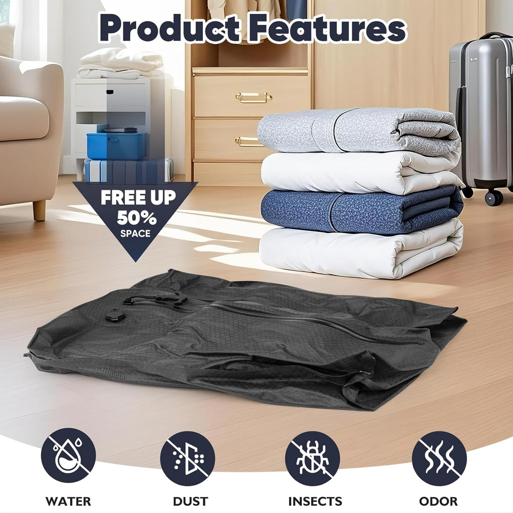 Vacuum Compression Bag with Travel Pump - Waterproof, Reusable, Hard Storage case, Portable Travel Bag Vacuum Bag Kit, Suitable for Camping, Gym, Beach, Moving (Black Bag + Pump)