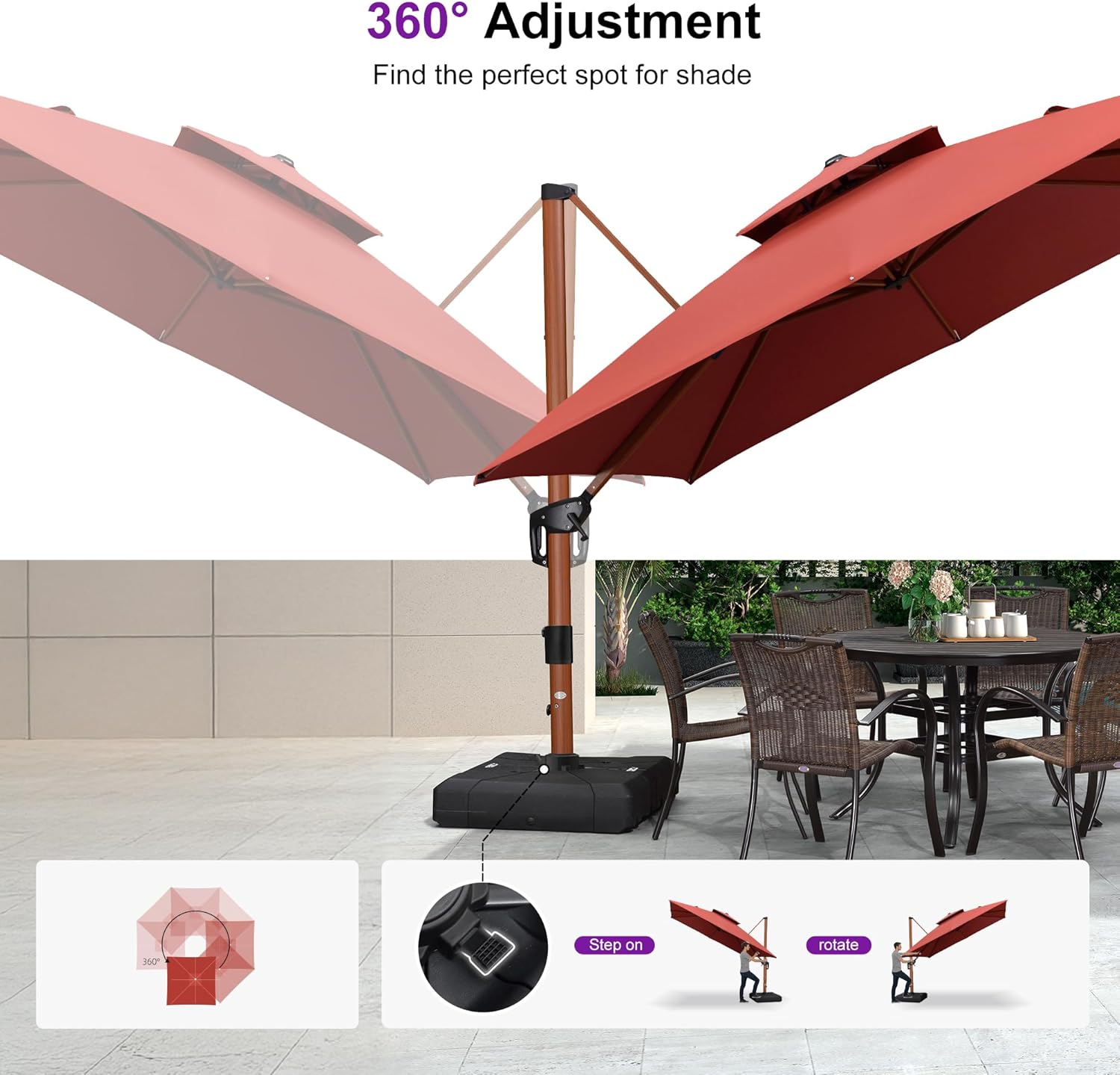 PURPLE LEAF 10ft Patio Umbrella with Base Outdoor Square Umbrellas Large Cantilever Umbrella Windproof Offset Umbrellas Heavy Duty Sun Umbrella for Garden Deck Pool Patio, Brick Red