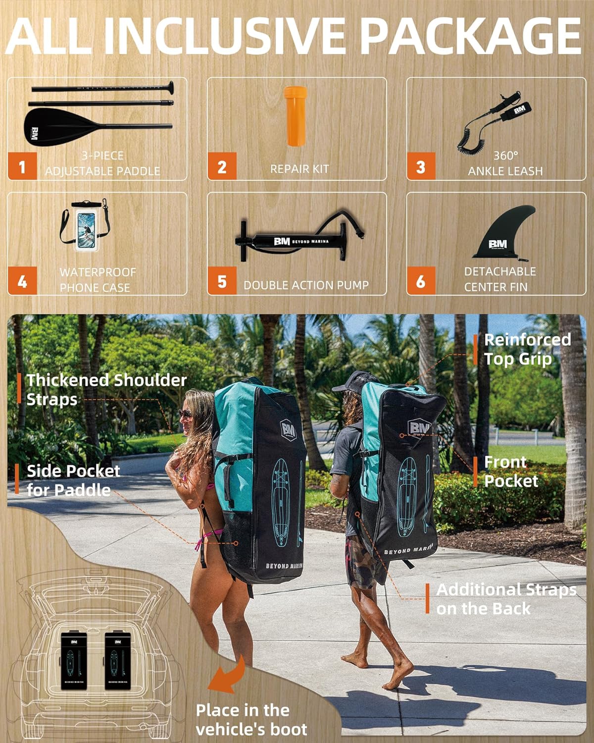 BM Paddle Board Inflatable Stand Up Paddle Board, SUP Paddleboard for Adult, Premium Accessories | Non-Slip EVA Deck & Foam Handles, Camera Mount, Double Action Pump, 85L Travel Backpack