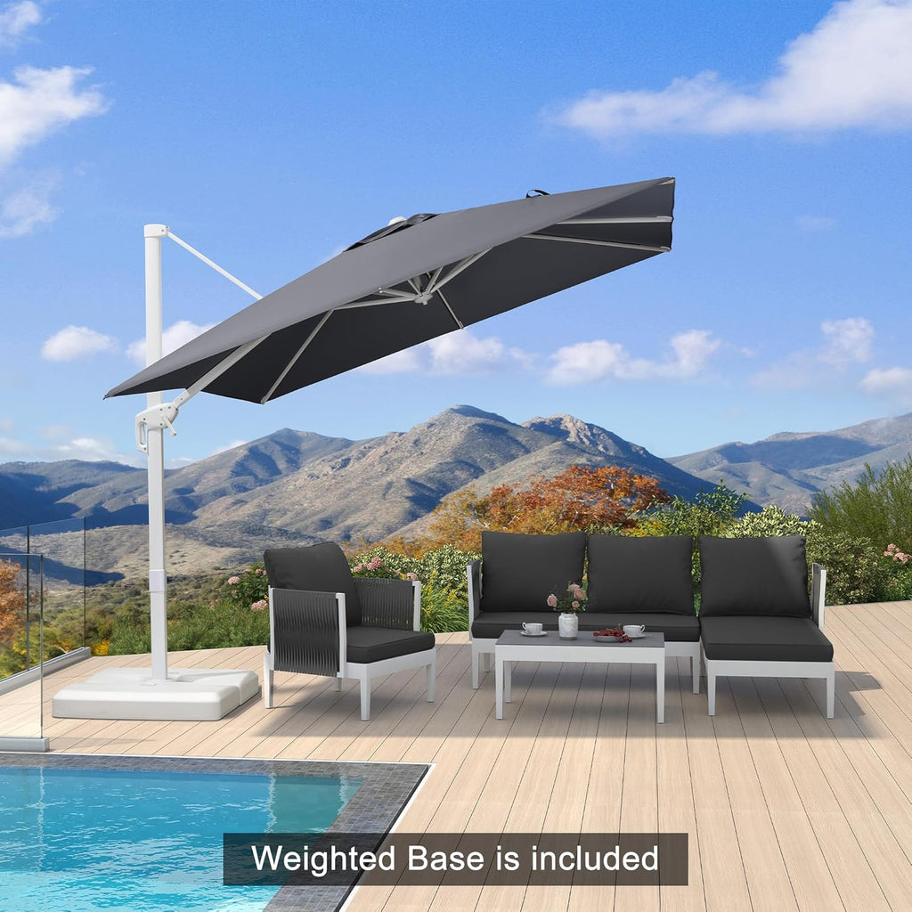 PURPLE LEAF 9 FT White Patio Umbrella With Base Cantilever Umbrella Outdoor Square Offset Umbrella Windproof with 360° Rotation for Deck Garden Pool, Light Grey