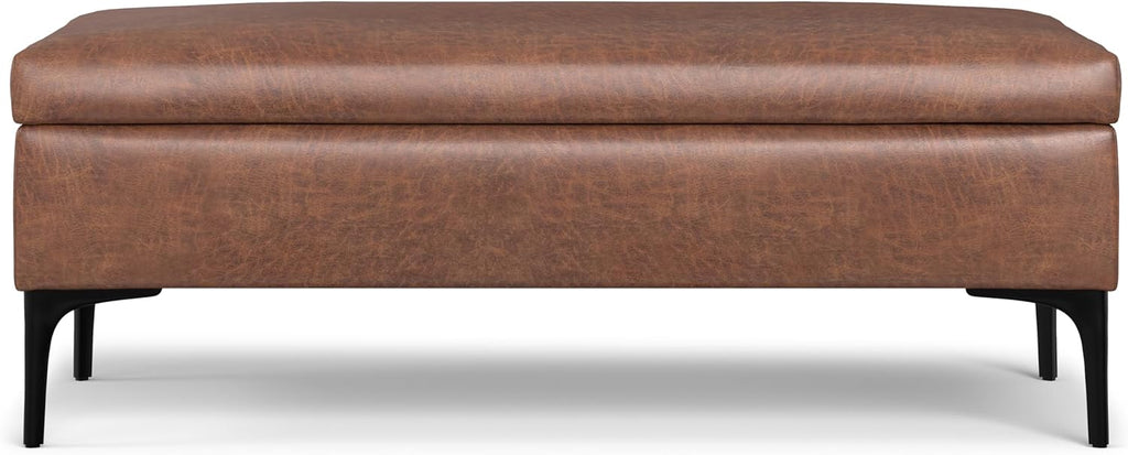 SIMPLIHOME Rebecca Storage Ottoman - 48 inch Wide Upholstered Vegan Leather Coffee Table Ottoman in Distressed Saddle Brown, Mid-Century Modern Lift-Top Storage for Living Room with Safety Hinges