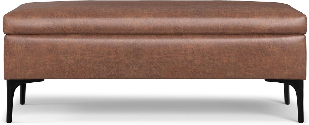 SIMPLIHOME Rebecca Storage Ottoman - 48 inch Wide Upholstered Vegan Leather Coffee Table Ottoman in Distressed Saddle Brown, Mid-Century Modern Lift-Top Storage for Living Room with Safety Hinges