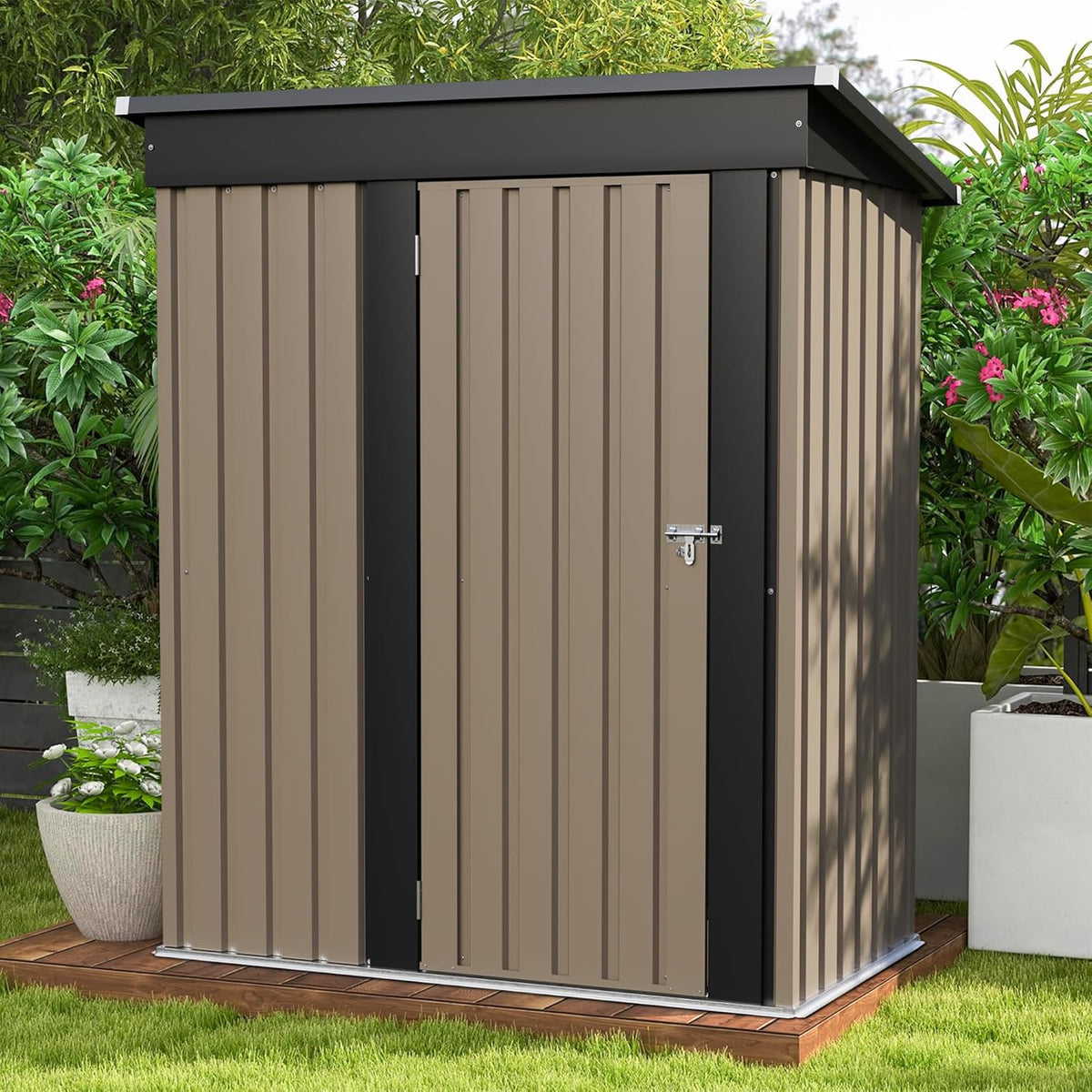 Patiowell 5x3 FT Outdoor Storage Shed, Tool Shed with Sloping Roof and Lockable Door, Metal Shed for Backyard Garden Patio Lawn, Brown