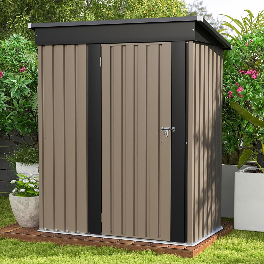 Patiowell 5x3 FT Outdoor Storage Shed, Tool Shed with Sloping Roof and Lockable Door, Metal Shed for Backyard Garden Patio Lawn, Brown
