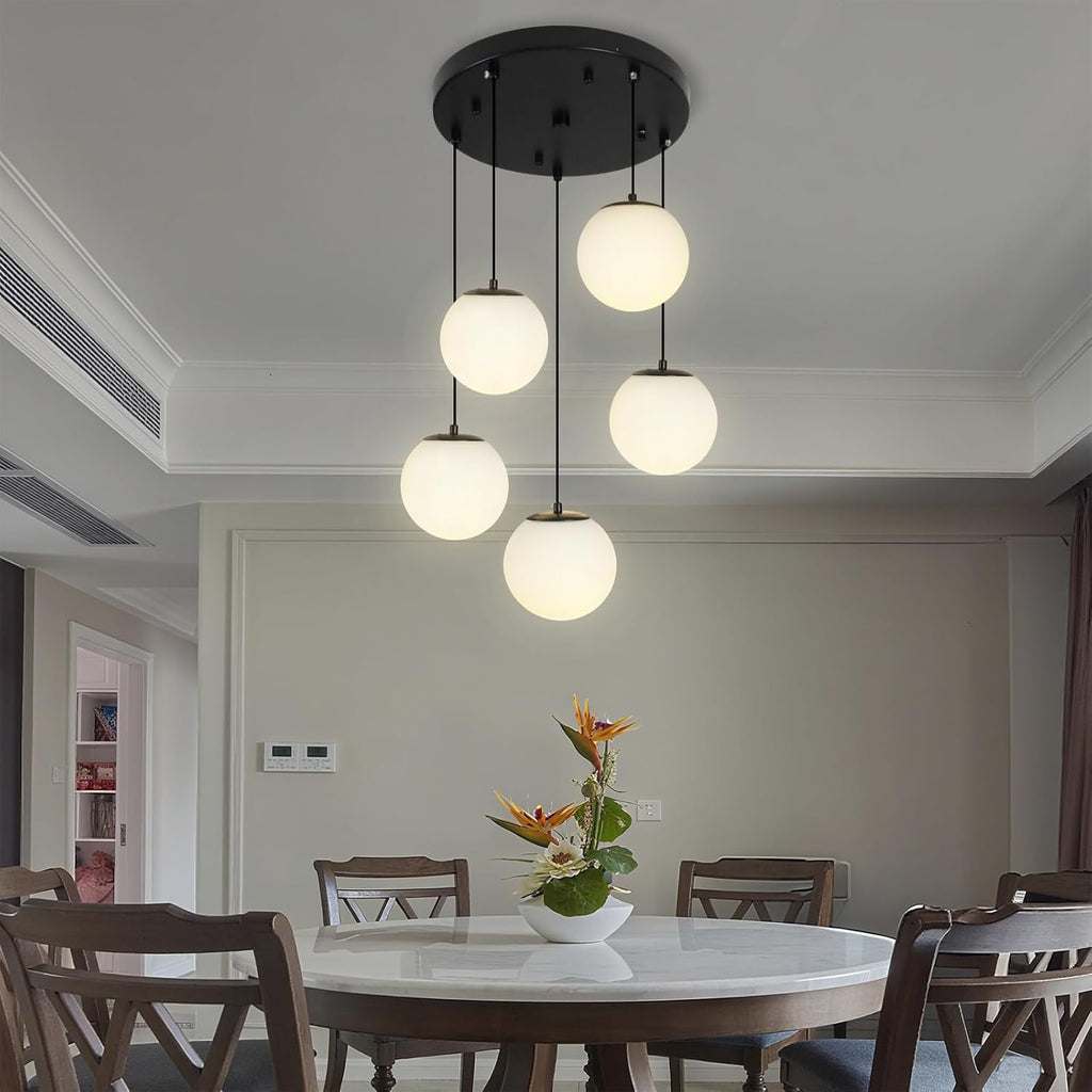Globe Cluster Chandelier 5-Light, Black Modern Cluster Chandelier with Milk White Glass, Adjustable Globe Staircase Pendant Light for Kitchen Island Dining Room