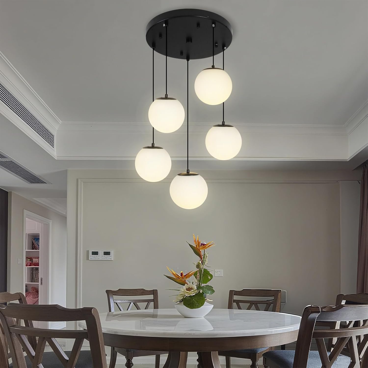 Globe Cluster Chandelier 5-Light, Black Modern Cluster Chandelier with Milk White Glass, Adjustable Globe Staircase Pendant Light for Kitchen Island Dining Room