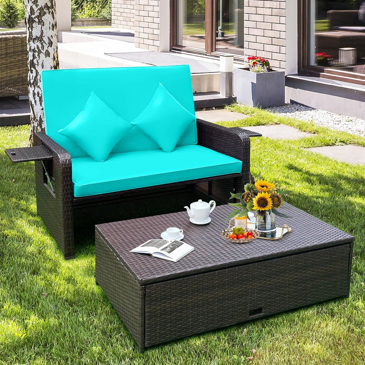 Nightcore Wicker Patio Outdoor Daybed, Outdoor Chaise Lounger w/ 4-Level Adjustable Backrest, Retractable Side Trays, Storage Ottoman, Comfortable & Removable Cushions, Rattan Loveseat (Turquoise)