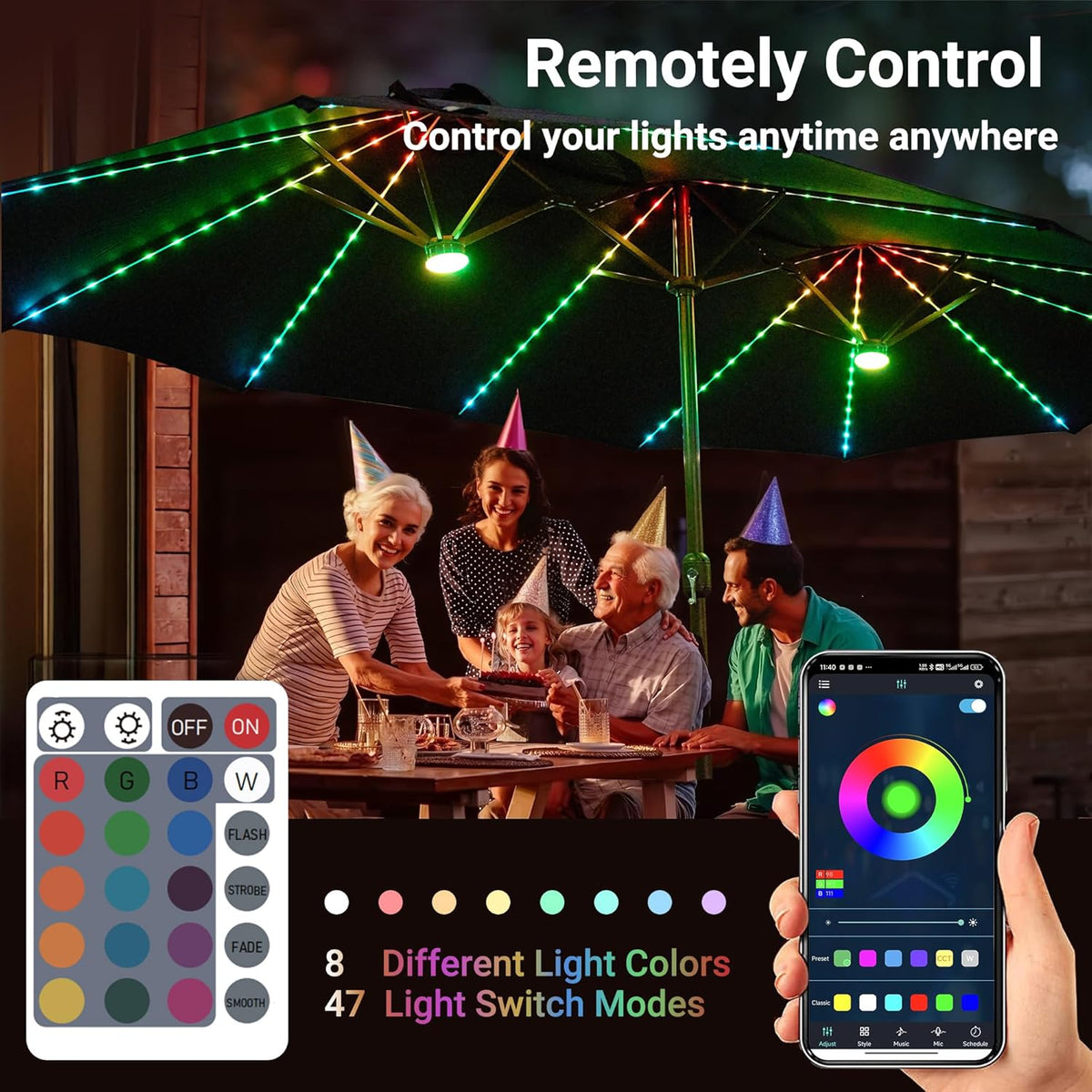 HOOOWOOO Outdoor Patio Umbrella With Solar Light,15 Ft Large Beach Umbrella,Picnic Parasol Sunshade W Base 156 Colorful LED APP Control DIY Light Modes Crank Handle For Backyard Deck Pool Shade