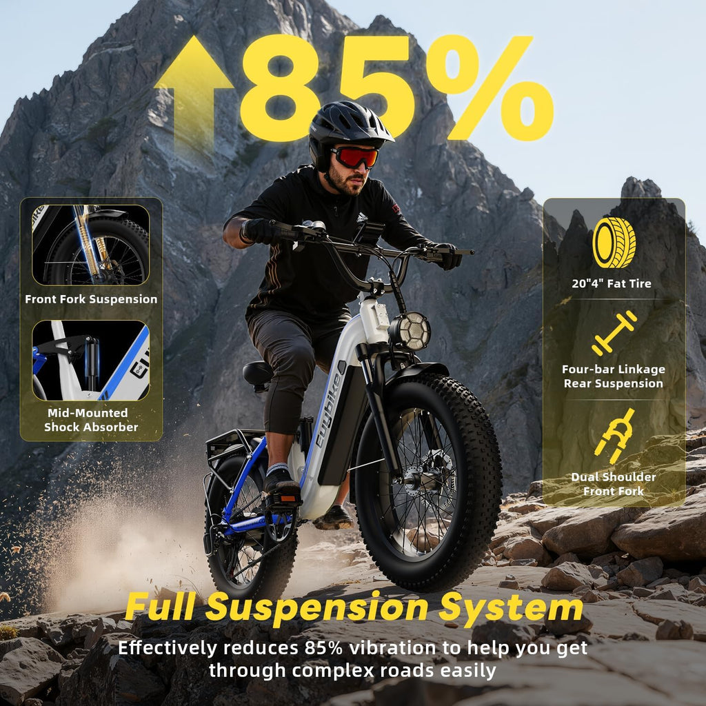 EUYBIKE Electric Bike for Adults 1400W Peak, 48V 20AH(960WH) Removable Battery, 20"x4" Fat Tire Full Suspension 80 Miles Range Step-Thru Hunting Ebike, 7-Speed Dual Brakes Electric Bicycle