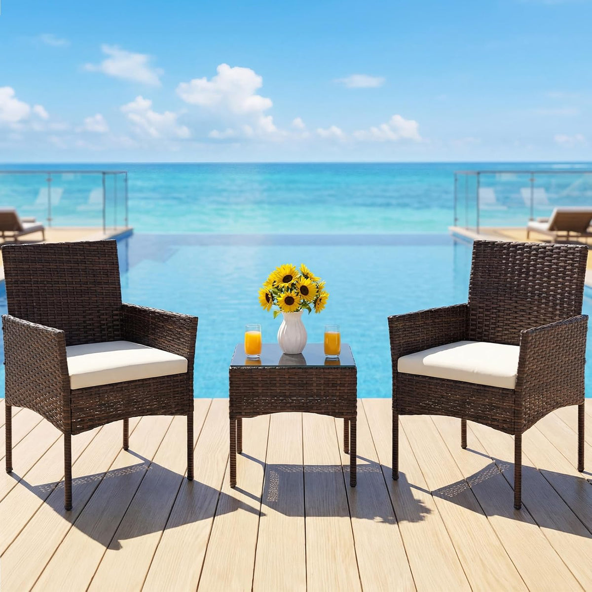 DUMOS 3 Piece Patio Furniture Set, All-Weather Outdoor Wicker Chairs with Removable Cushions & Tempered Glass Table, Small Bistro Set for Porch, Balcony, Lawn, Backyard, Brown