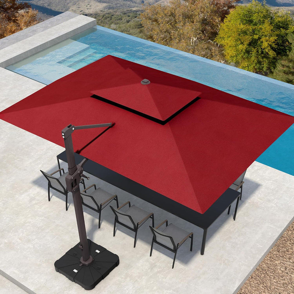 10' X 13' Patio Umbrella with LED Lights Outdoor Cantilever Large Rectangle Offset Umbrellas Heavy Duty Aluminum Double Top with 360-degree Rotation for Pool Garden Deck, Red