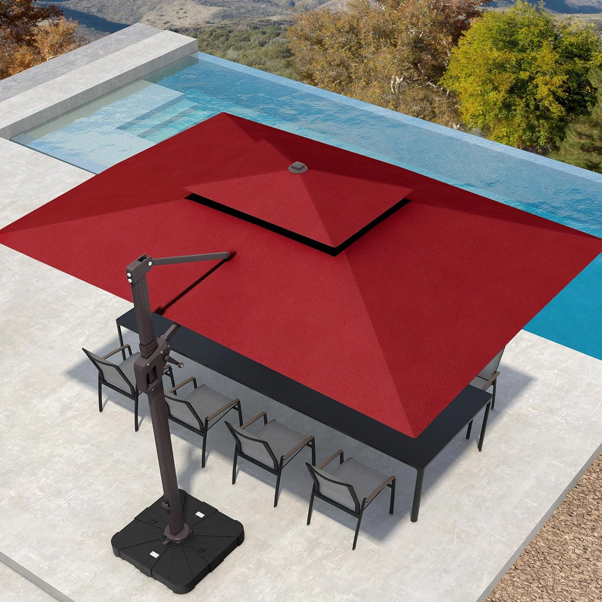 10' X 13' Patio Umbrella with LED Lights Outdoor Cantilever Large Rectangle Offset Umbrellas Heavy Duty Aluminum Double Top with 360-degree Rotation for Pool Garden Deck, Red