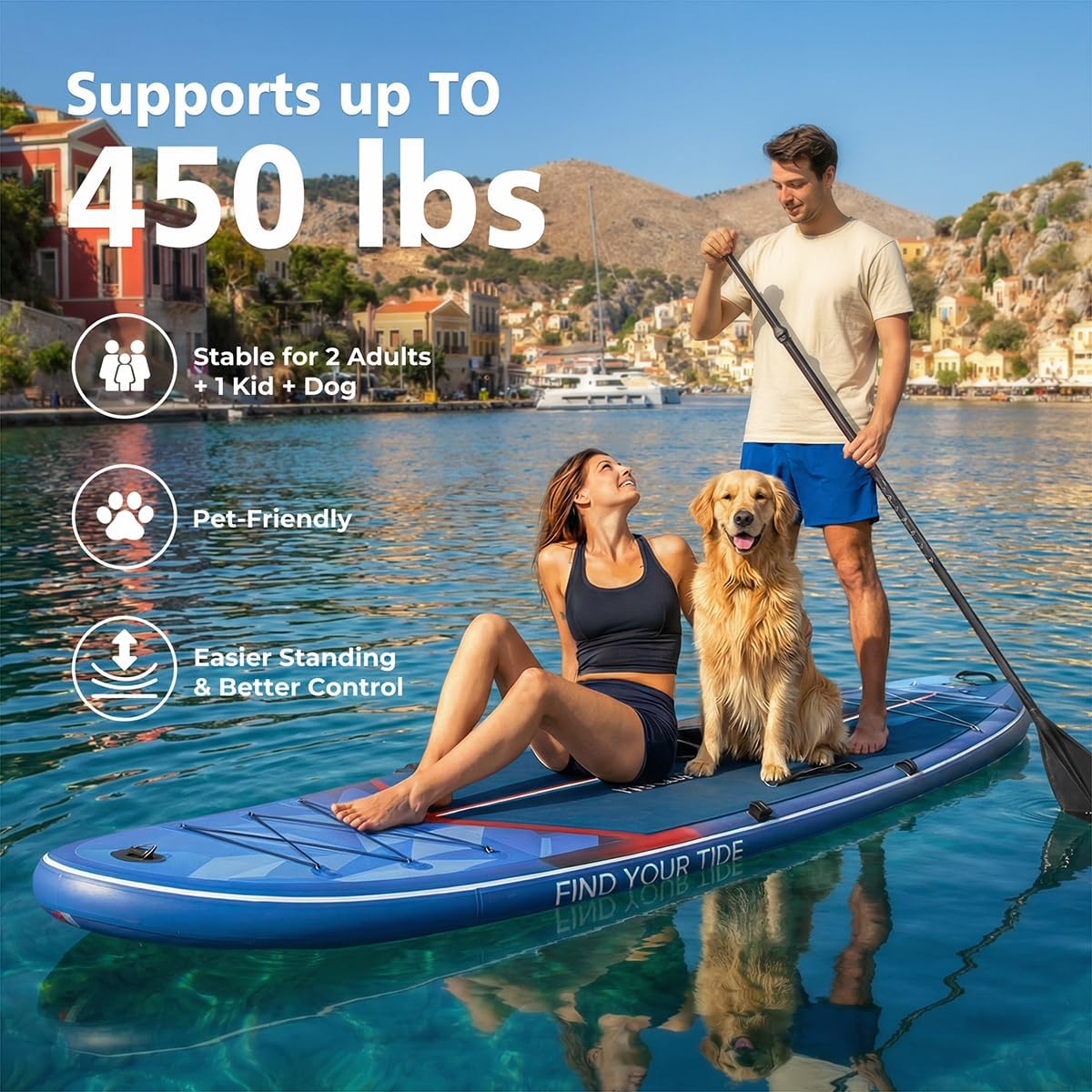 PRAISUN 12' x 35” Inflatable Paddle Board, 450lbs Extra Wide Stand Up Paddleboard for Youth/Adults of All Skill Levels, Stable SUP with Seat & Full Kit, for Fishing, Yoga, Lake & Ocean