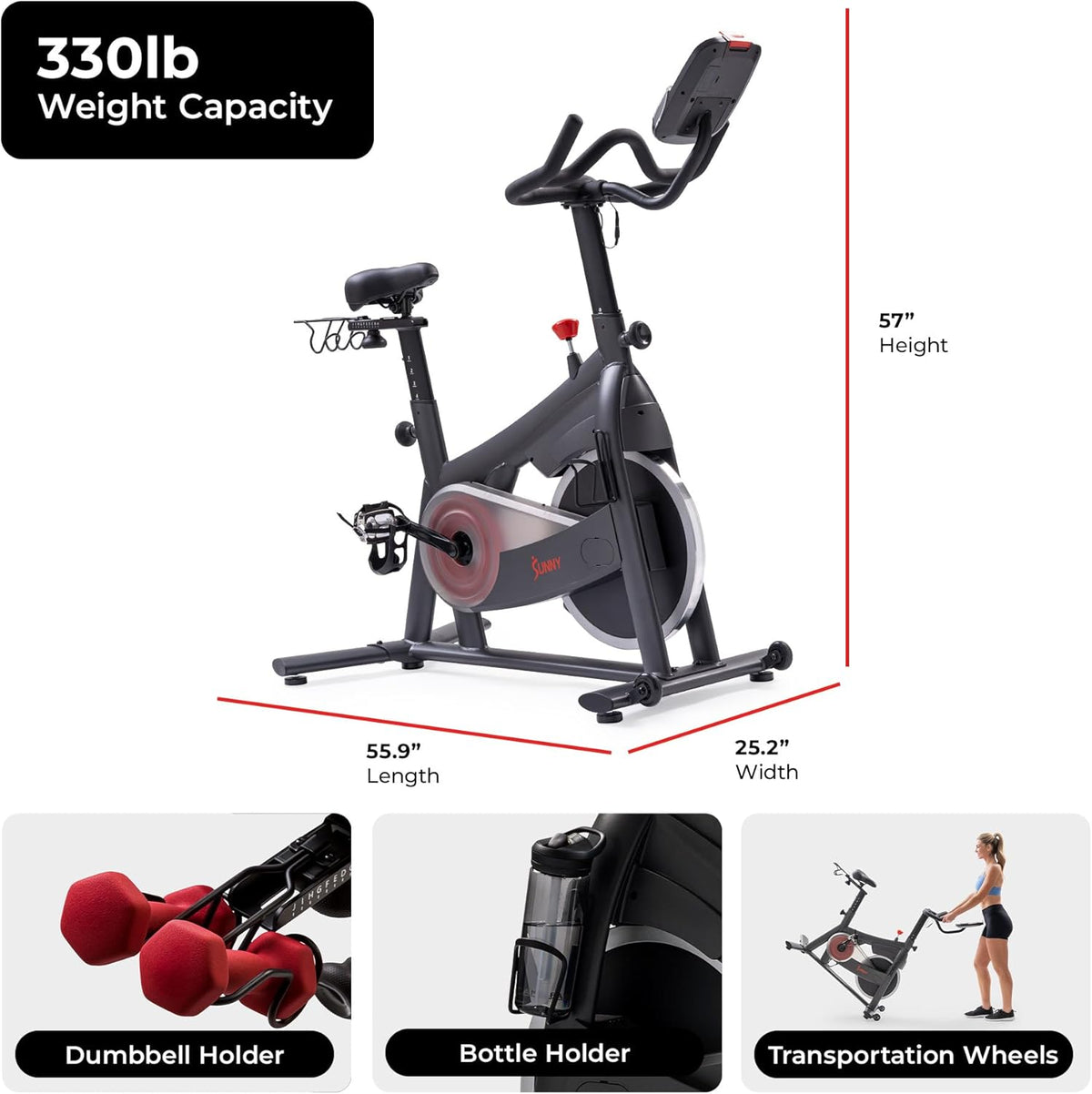 Sunny Health & Fitness Smart Magnetic Indoor Cycling Bike, Stationary Exercise Cardio Equipment, Free SunnyFit Training App