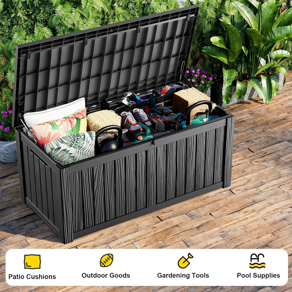 150 Gallon Large Outdoor Storage Box Waterproof, UV Resistant Resin Deck Box with Hydraulic Rod & Lockable Latch for Patio Furniture, Outside Storage Box for Garden Tools, Patio Cushions, Black