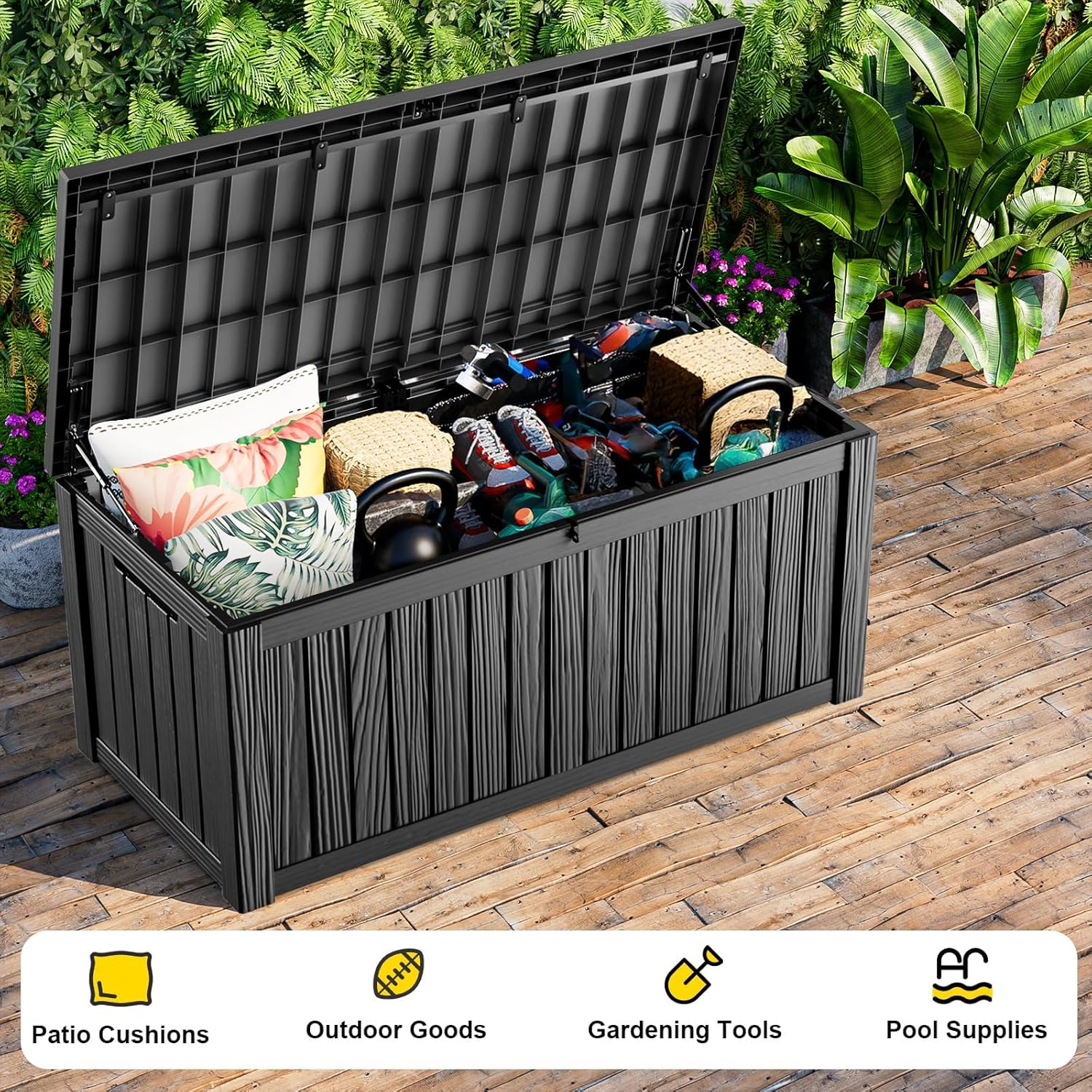150 Gallon Large Outdoor Storage Box Waterproof, UV Resistant Resin Deck Box with Hydraulic Rod & Lockable Latch for Patio Furniture, Outside Storage Box for Garden Tools, Patio Cushions, Black