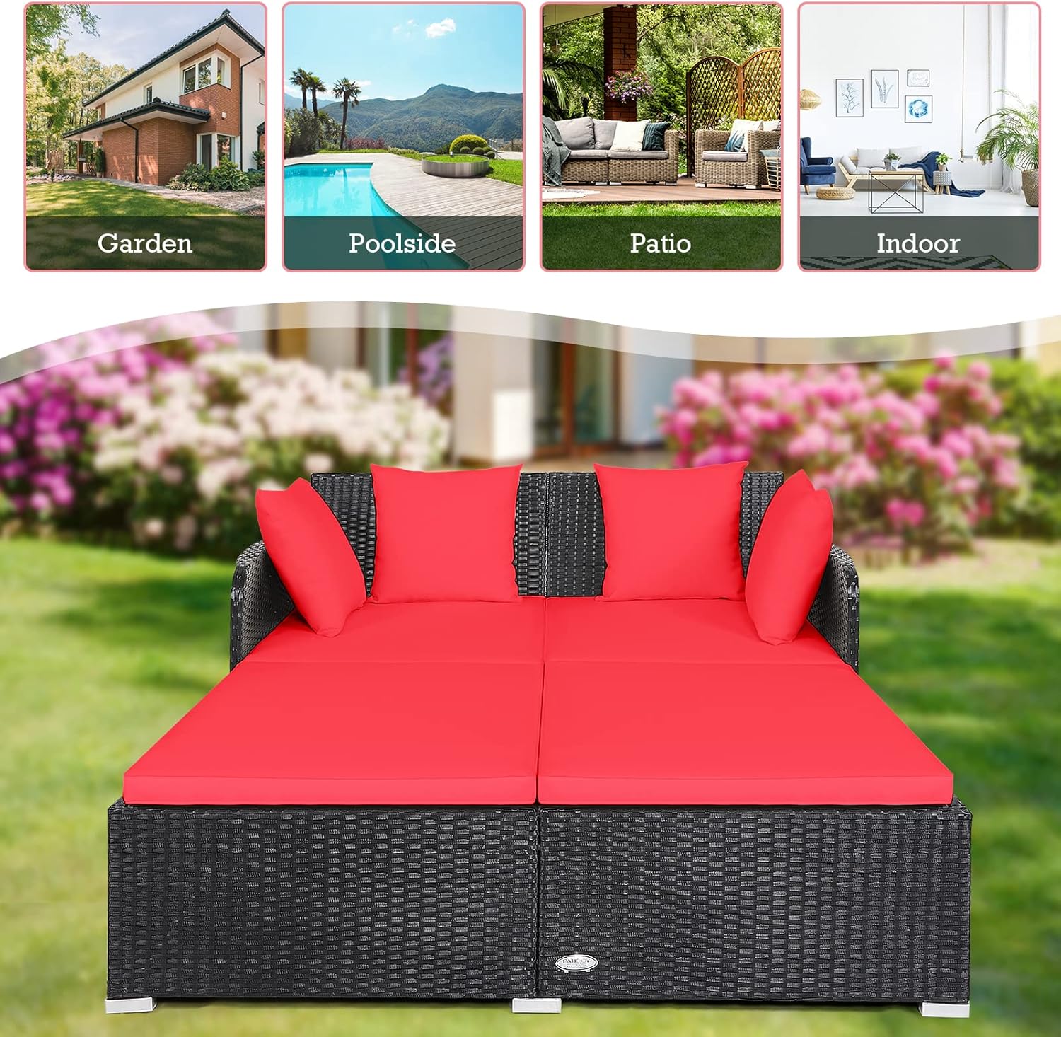 RELAX4LIFE Rattan Patio Outdoor Daybed, Wicker 2-Person Sunbed Loveseat with Soft Cushions, 4 Pillows, Curved Backrest & Armrest, Double Bed Lounger Sofa Set for Balcony Porch, Patio Bed (Red)