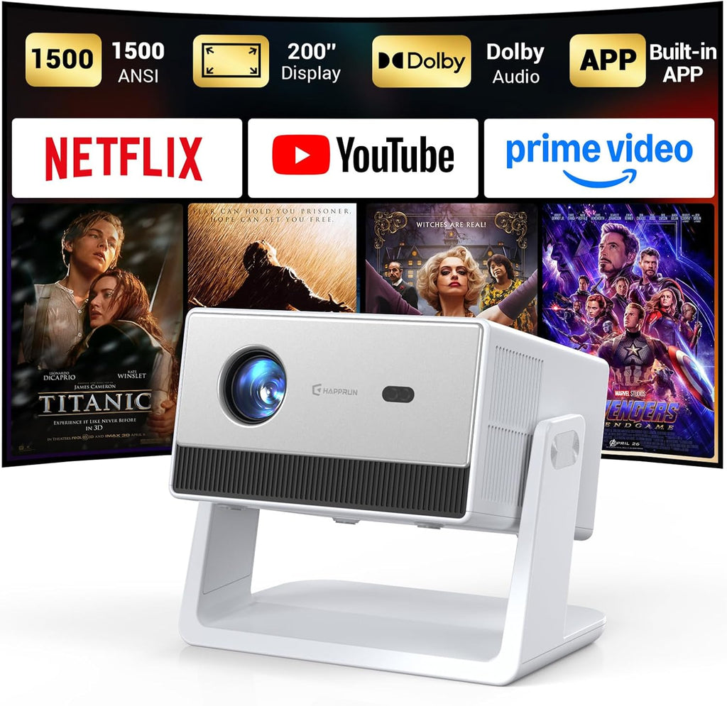1500 ANSI Smart Projector, Portable Projector with WiFi and Bluetooth, HAPPRUN 4K Full HD Home Theater with 270° Stand, Dolby Sound, Built-in Apps,Compatible with Phone & PC, Indoor & Outdoor Use