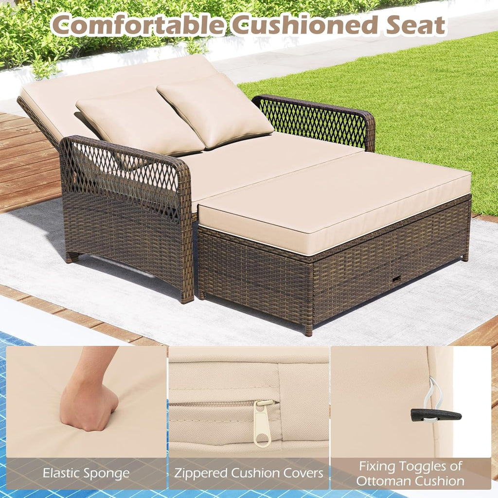 Tangkula Patio Rattan Daybed with 4-Level Adjustable Backrest, 2-Person Outdoor Wicker Loveseat with Storage Ottoman & Soft Cushions, Double Sunbed Lounger for Backyard, Porch, Poolside (Beige)