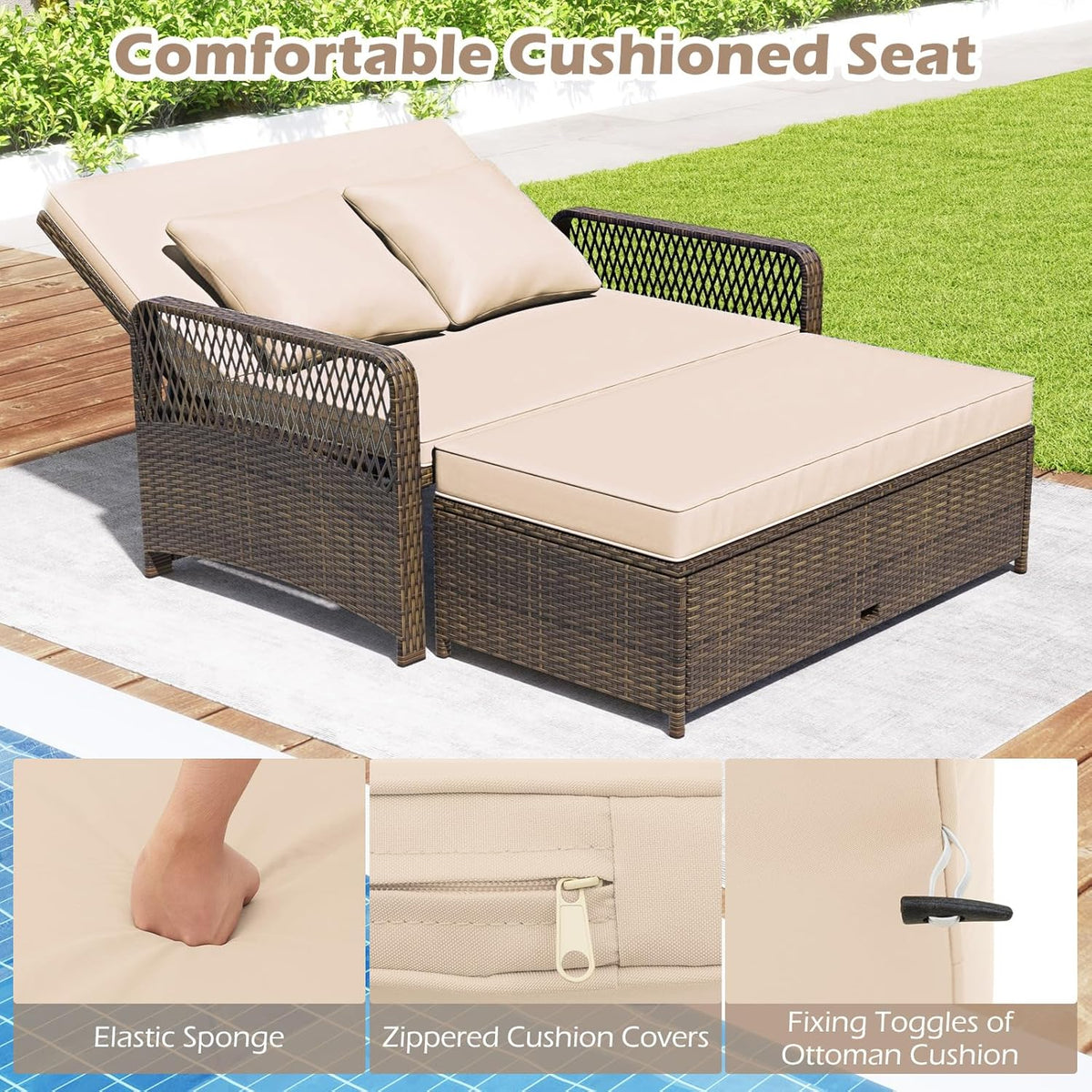Tangkula Patio Rattan Daybed with 4-Level Adjustable Backrest, 2-Person Outdoor Wicker Loveseat with Storage Ottoman & Soft Cushions, Double Sunbed Lounger for Backyard, Porch, Poolside (Beige)