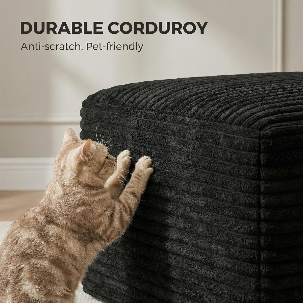 JINGLING 25.6 Inch Plush Corduroy Ottoman, Modular Sectional Foot Rest for Living Room, Upholstered Cloud Ottoman for Boneless Couch in a Box, Compressed Memory Foam, No Assembly Require, Black
