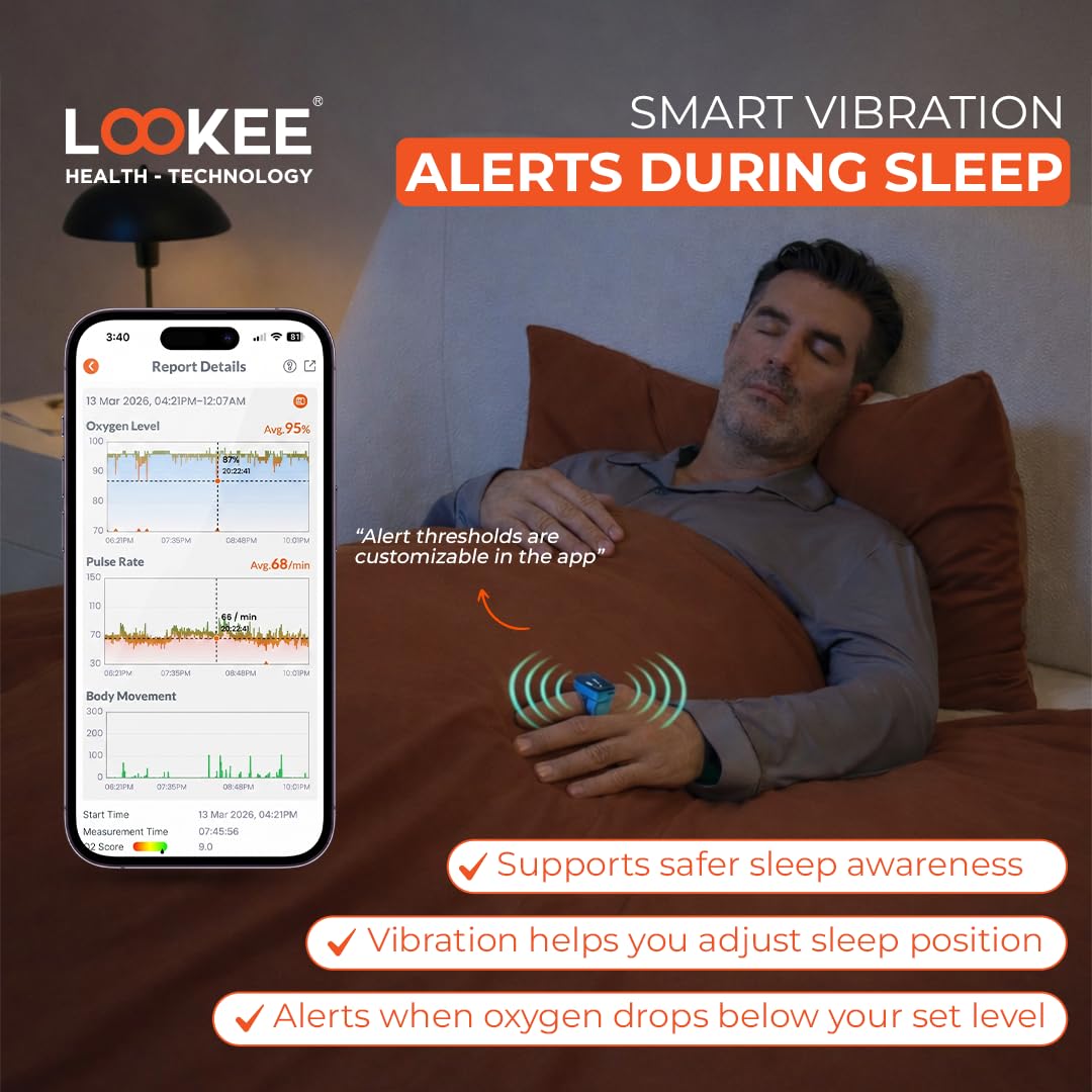 LOOKEE Ring-Pro Wearable Oxygen Monitor with Vibration Reminder for Low O2 - Continuous Pulse Oximeter -Rechargeable Blood Oxygen Saturation Tracker for SpO2 & PR - Free APP & PC Reports