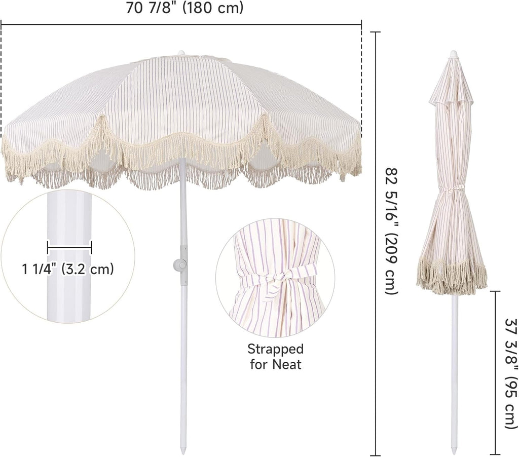 LAGarden Ocean Windproof 6Ft Outdoor Fringe Umbrella Tilting Beach Umbrellas for Sand Portable with Carry Bag Patio Yard Picnic Table Garden Lawn Deck Wedding Pool Party Event