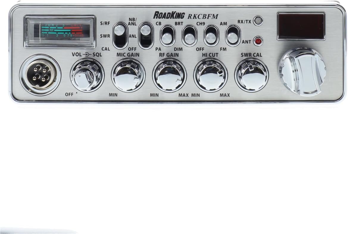 RoadKing RKCBFM Dual-Mode AM/FM CB Radio for Truckers Full 40 Channels Pro Emergency Channel CB with Noise-Cancelling Mic Large Display - Silver