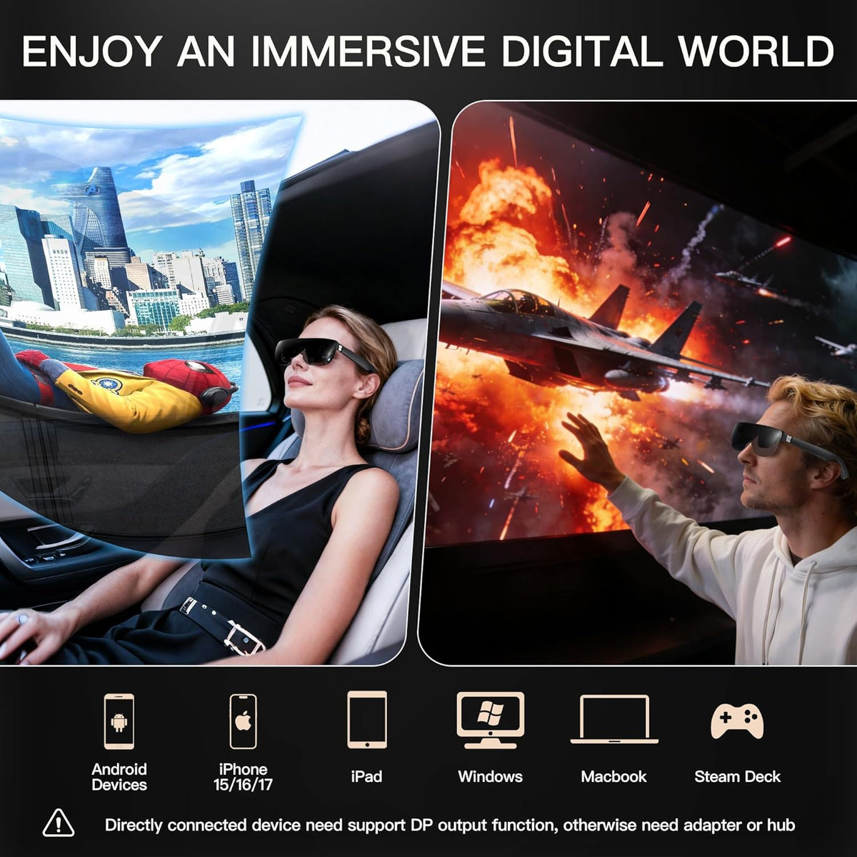 AiRA XR/AR Glasses with 160" 45°FOV 120Hz 5000 Nits, Myopia Adjust, Ultra-Wide Resolution Video Display Glasses for iPhone 17/16/15, Steam Deck, ROG, Switch, Mac, PC, Android & iOS, Black