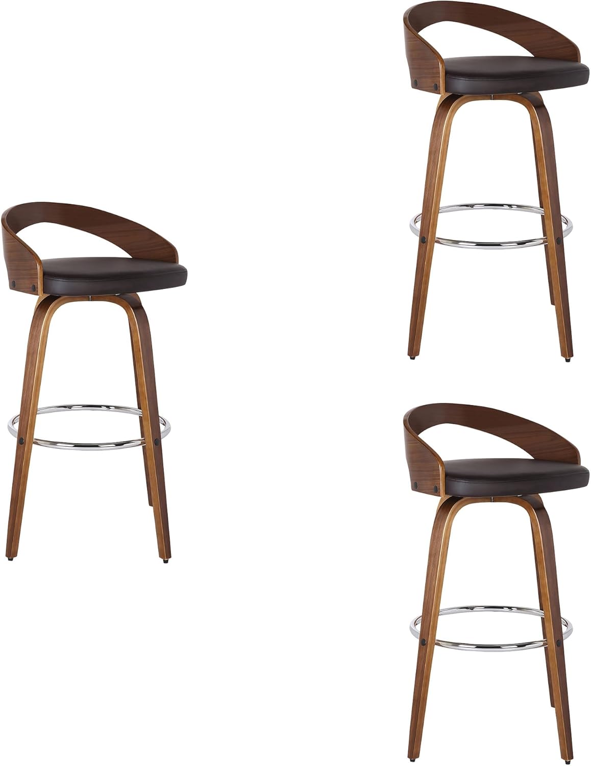 Armen Living Sonia 26" Counter Height Swivel Brown Faux Leather and Walnut Wood Bar Stool - Set of 2