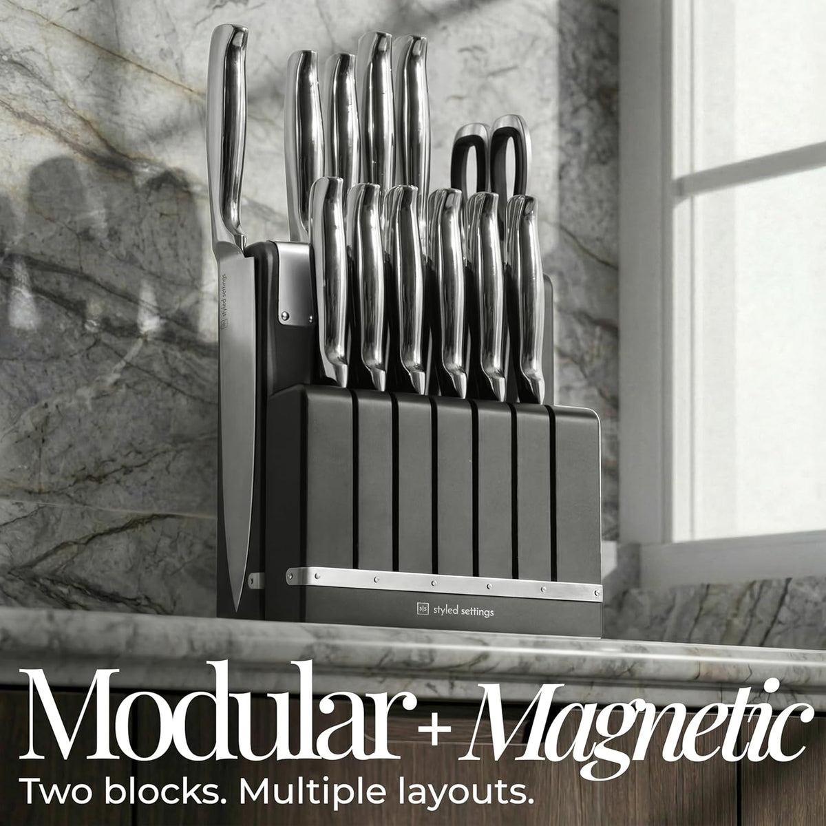 German Stainless Steel Kitchen Knife Block Set with Built-in Sharpener - 2-in-one Space Saving Magnetic Countertop and Knife Drawer Organizer with Stainless Steel Knives, Ideal Gift
