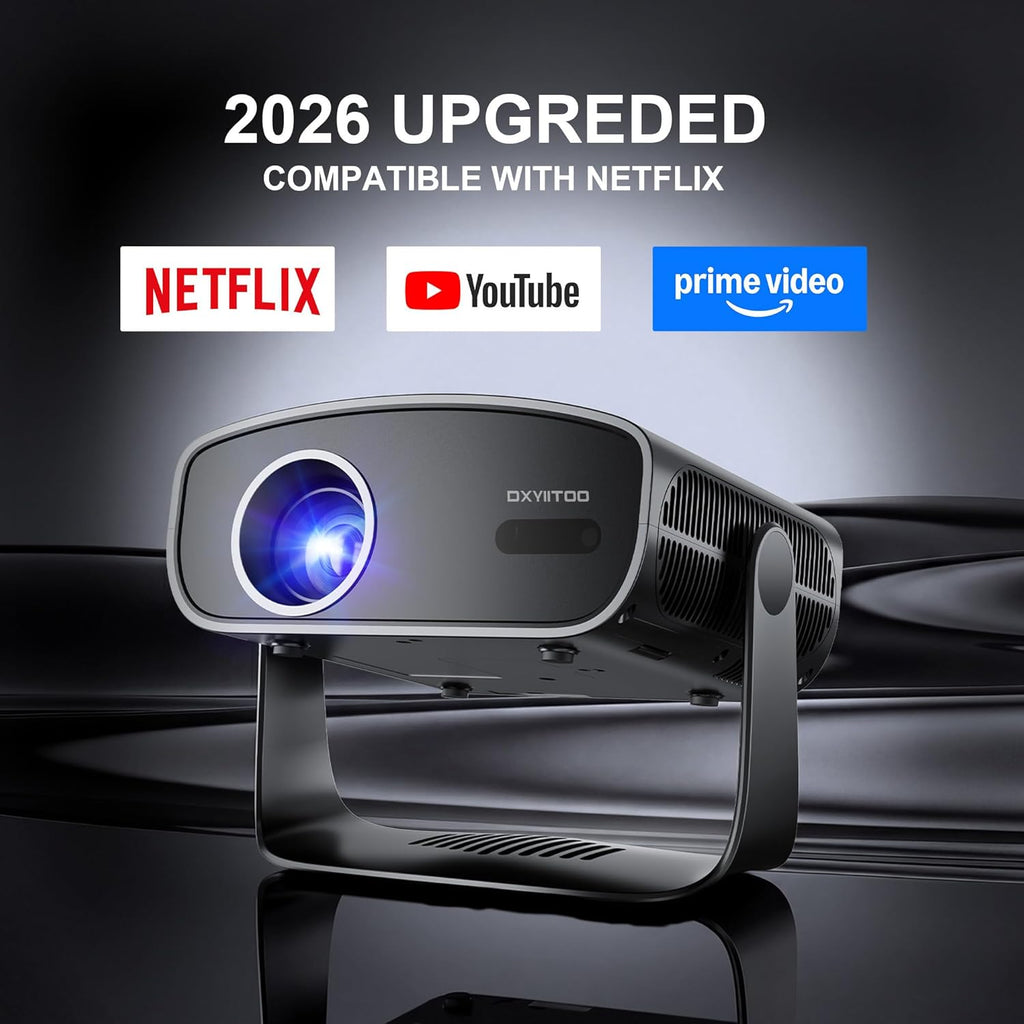【Compatible with Netflix & Native 1080P】Smart Projector with WiFi and Bluetooth, 4K Support Home Movie Projector, Auto Focus & Keystone Portable Outdoor Projector, Wireless Proyector for Bedroom,Black