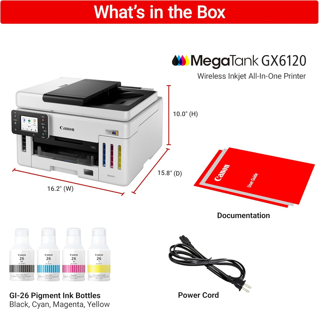 Canon Megatank GX6120 Wireless All-in-One Printer, Print, Scan and Copy, with 2.7" LCD Touch Screen and Auto Document Feeder, White