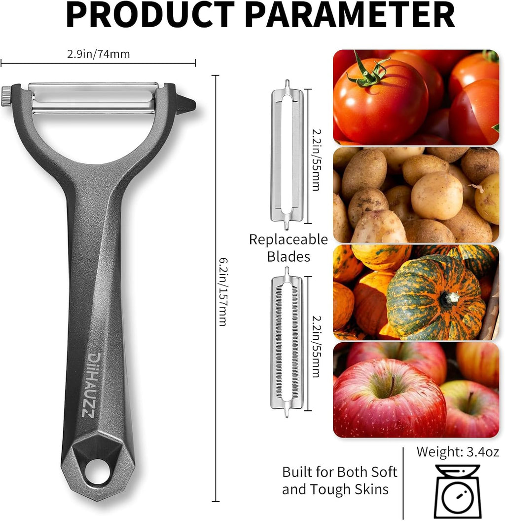Aluminum Alloy Y Peeler for Kitchen, Heavy Duty Vegetable & Fruit Peeler with 2 replaceable Blades (Straight & Serrated), Ultra Sharp 420J2 Stainless Steel, Ergonomic Matte Grip, Gift Boxed