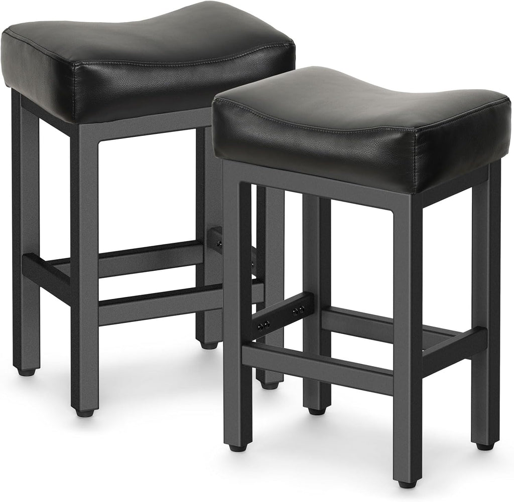 Raynesys Counter Height Bar Stools Set of 2, 24 Inch Barstools for Kitchen Island Counter, Bonded Leather Kitchen Stools with Thick Saddle Seats & Heavy Duty Metal Base, Easy Assembly, All Black